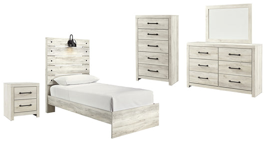 Cambeck Twin Panel Bed with Mirrored Dresser, Chest and Nightstand